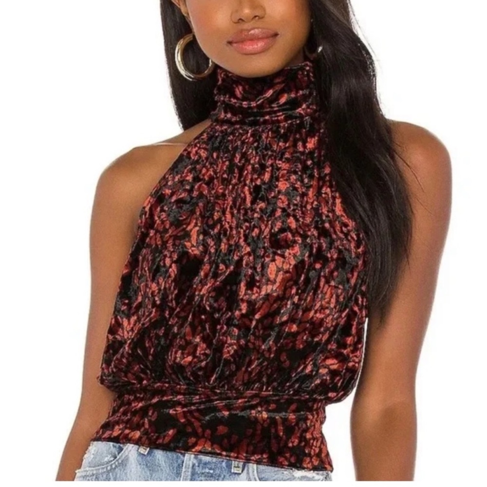 Free People Crushed Velvet‎ Crop Top High Collar Women's Size XS Animal Print
